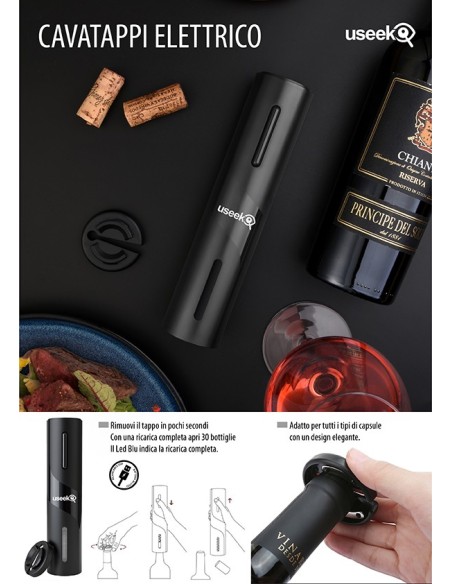 USEEK Cavatappi Elettrico USB-C ricaricabile con tagliacapsule, apribottiglie automatico, batteria 500 mAh, idea regalo vino