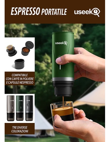 USEEK Macchina Espresso Portatile USB-C 20 bar, compatibile capsule NS e caffè macinato, con borsa da viaggio