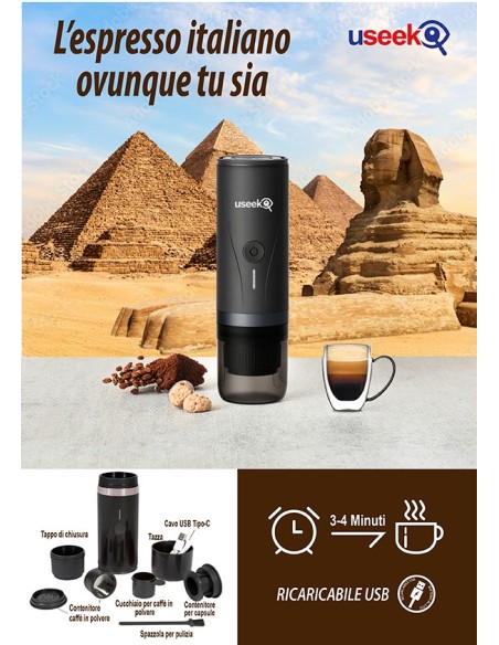 USEEK Macchina Espresso Portatile USB-C 20 bar, compatibile capsule NS e caffè macinato, con borsa da viaggio
