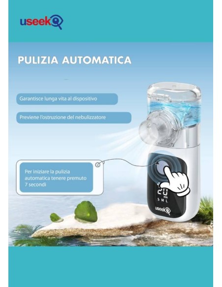 USEEK Nebulizzatore Portatile Mesh ricaricabile, silenzioso ≤20 dB, display LED, pulizia automatica, 3 velocità, adulto/bimbo