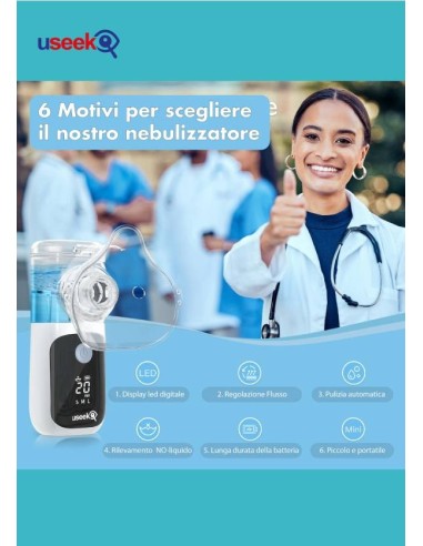 USEEK Nebulizzatore Portatile Mesh ricaricabile, silenzioso ≤20 dB, display LED, pulizia automatica, 3 velocità, adulto/bimbo