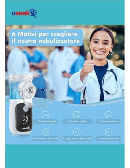 USEEK Nebulizzatore Portatile Mesh ricaricabile, silenzioso ≤20 dB, display LED, pulizia automatica, 3 velocità, adulto/bimbo