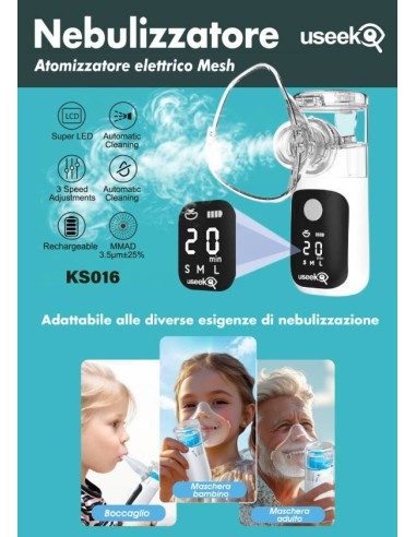 USEEK Nebulizzatore Portatile Mesh ricaricabile, silenzioso ≤20 dB, display LED, pulizia automatica, 3 velocità, adulto/bimbo