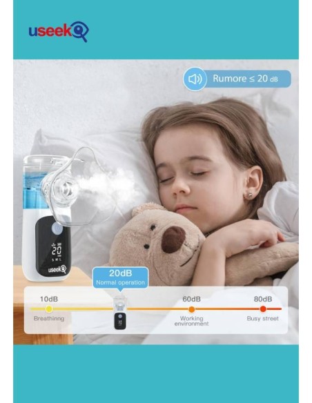 USEEK Nebulizzatore Portatile Mesh ricaricabile, silenzioso ≤20 dB, display LED, pulizia automatica, 3 velocità, adulto/bimbo