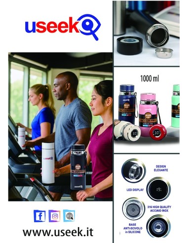 USEEK Borraccia Termica Digitale 1000 ml in acciaio inox 316 con display LED touch, isolamento 24 ore, filtro tè e laccio