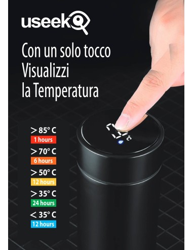 USEEK Borraccia Termica Digitale 1000 ml in acciaio inox 316 con display LED touch, isolamento 24 ore, filtro tè e laccio