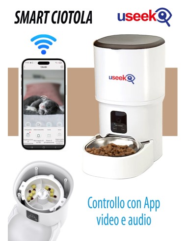 USEEK Smart Ciotola Automatica Wi-Fi per Cani e Gatti con App, videocamera e audio, pasti programmabili da smartphone