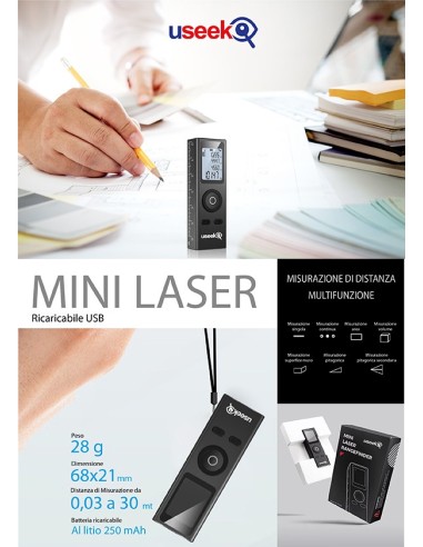 USEEK Mini Misuratore Laser Digitale 30 m USB-C, precisione 1 mm, display LCD, multifunzione Area Volume Pitagora, 28 g