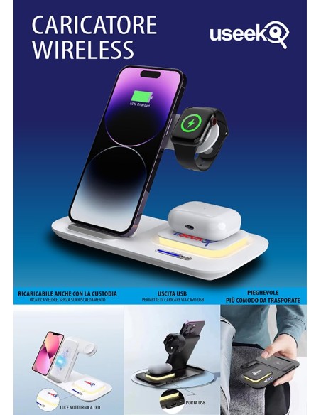 USEEK Caricatore Wireless 5 in 1 Pieghevole con luce LED, ricarica rapida per smartphone, smartwatch e auricolari, USB