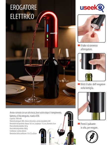 USEEK Dispenser Elettrico per Vino con aeratore automatico, ricaricabile USB, versamento senza gocce, batteria 1500 mAh