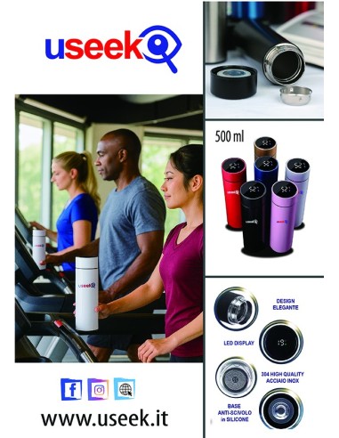USEEK Borraccia Termica Smart 500 ml con display LED touch, acciaio inox 304, isolamento 24 ore, antigoccia, BPA free