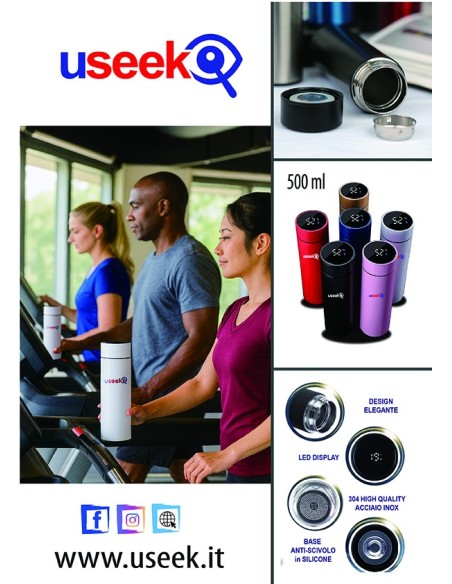 USEEK Borraccia Termica Smart 500 ml con display LED touch, acciaio inox 304, isolamento 24 ore, antigoccia, BPA free